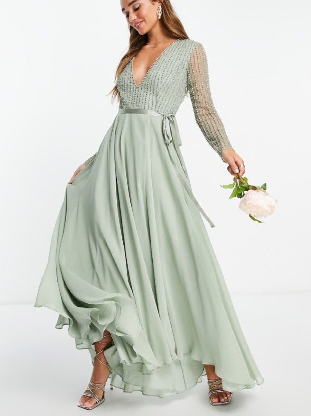 ASOS Sage Green Beaded Long Sleeve Dress